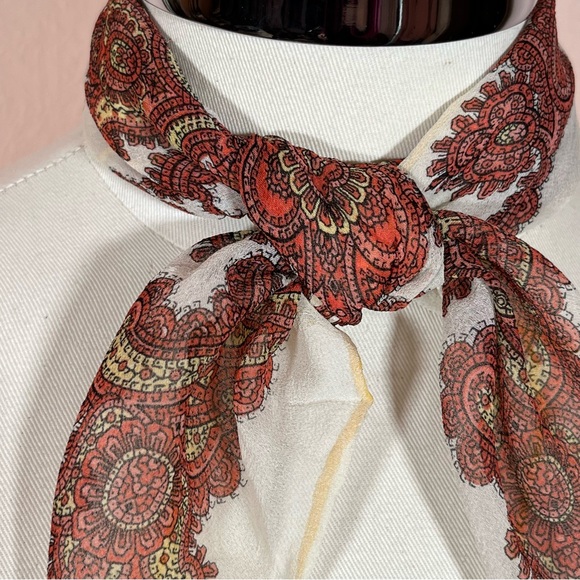 Vintage 1970’s Burnt Orange Rust Paisley floral fairycore semi sheer neck scarf - Picture 6 of 14